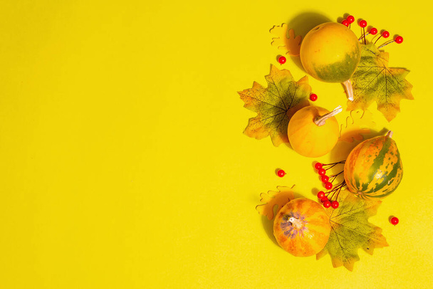 Осіннє прикрашання фону з гарбузами, листям та ягодами. Яскраво-жовтий пастельний фон, вид зверху
 - Фото, зображення
