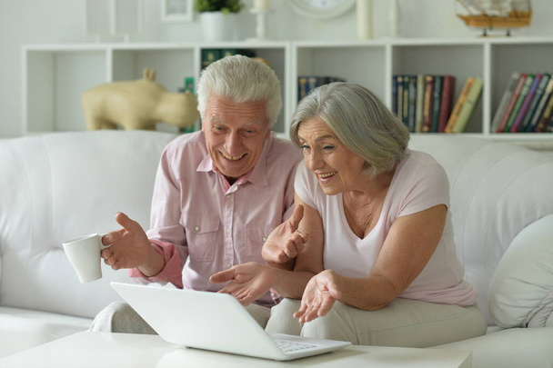 Two elderly people sitting on couch with laptop - Foto, Imagen