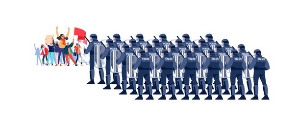 Crowd of diverse people at a demonstration for human rights. Police in Riot Gear Holding the Line. An angry men and women protest, holding placards. Cartoon Vector flat style illustration isolated - Vektor, obrázek