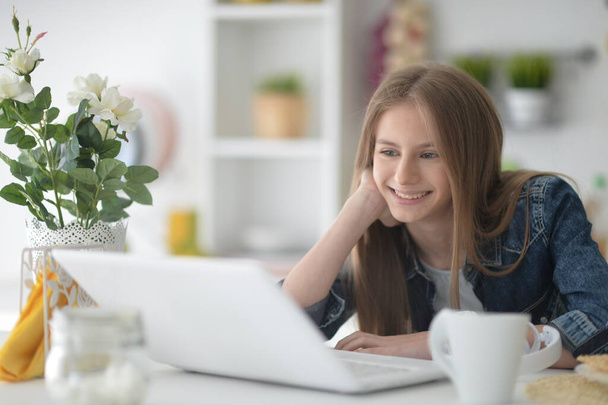 beautiful  girl  using  laptop   at home  - Photo, image