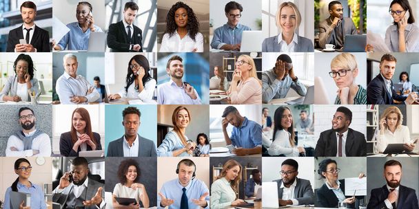 Eine Reihe von männlichen und weiblichen Unternehmensporträts. Firmenmitarbeiter aller Altersgruppen und Rassen mit unterschiedlichen Gesichtsausdrücken - Foto, Bild