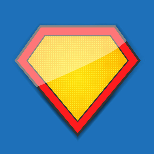 Modello di logo a fumetti supereroe isolato su sfondo blu. Distintivo da super eroe vuoto. Stock vettoriale - Vettoriali, immagini
