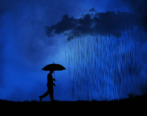 Мужчина ходит со своим зонтиком в ливень ночью на этой 3-D иллюстрации. - Фото, изображение