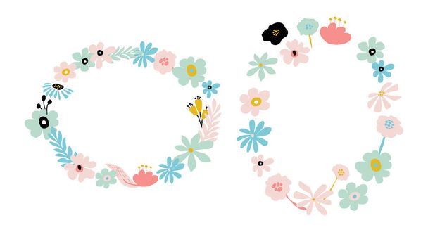 Abstract flower frame in pastel colors. Summer simple floral design wreath. Vector illustration isolatd on white background. Doodle flower card template. Trendy composition - Vetor, Imagem