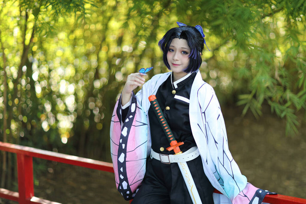 Ιαπωνία anime cosplay πορτρέτο του κοριτσιού με κωμικό κοστούμι με ιαπωνικό θέμα κήπο - Φωτογραφία, εικόνα