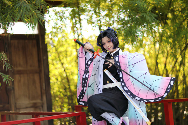 Japan anime cosplay portrait of girl with comic costume with japanese theme garden - Photo, Image