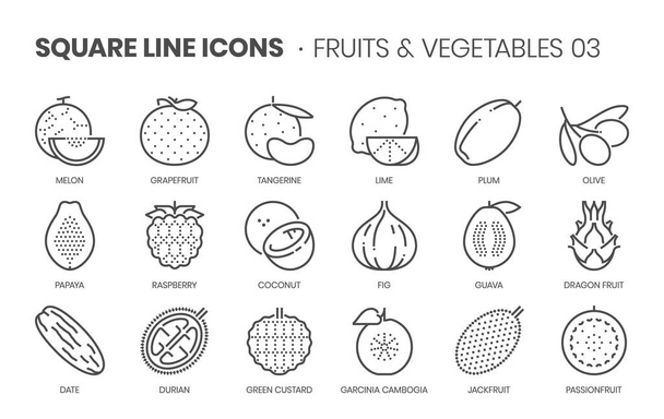 Fruits et légumes trois, ligne carrée icône ensemble - Vecteur, image