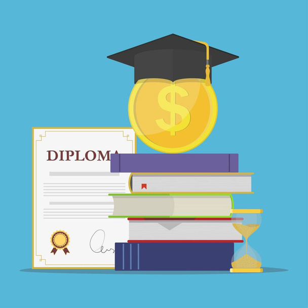Investment in education. Stack of books, diploma, university student cap with coin and hourglass. Template design of money savings for study or business concept. Vector illustration - Vector, Image
