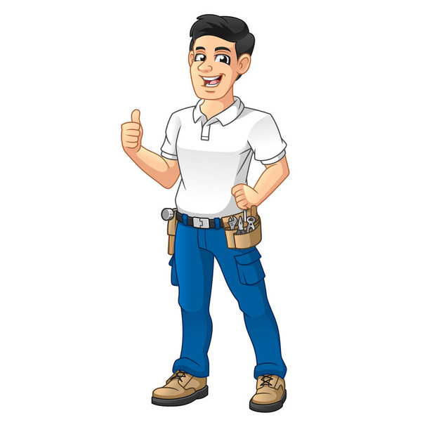 Τεχνίτης με ένα εργαλείο Εξοπλισμός Belt Thumbs Up Hand, Οι άνθρωποι στην εργασία, Διάνυσμα Εικονογράφηση χαρακτήρων, Cartoon Mascot λογότυπο σε απομονωμένο λευκό φόντο. - Διάνυσμα, εικόνα
