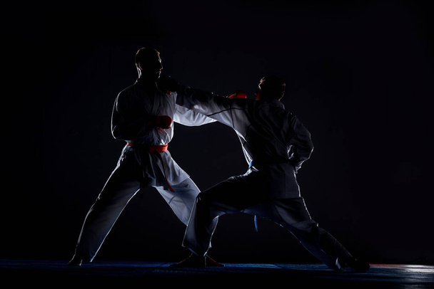 Dwóch zawodników pozujących na szkoleniu Aikido w szkole sztuk walki. Zdrowy styl życia i koncepcja sportu - Zdjęcie, obraz