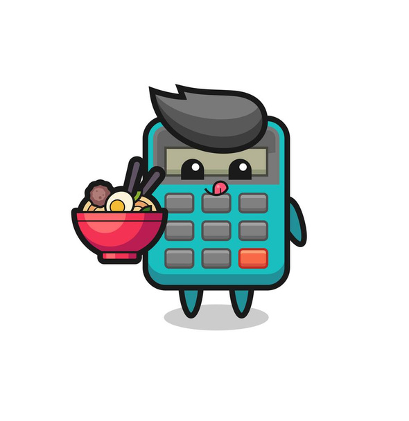 lindo personaje calculadora comer fideos, lindo diseño de estilo para camiseta, pegatina, elemento de logotipo - Vector, Imagen