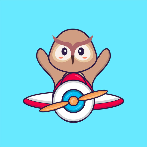 Cute owl flying on a plane. Animal cartoon concept isolated. Can used for t-shirt, greeting card, invitation card or mascot. - Vector, Image