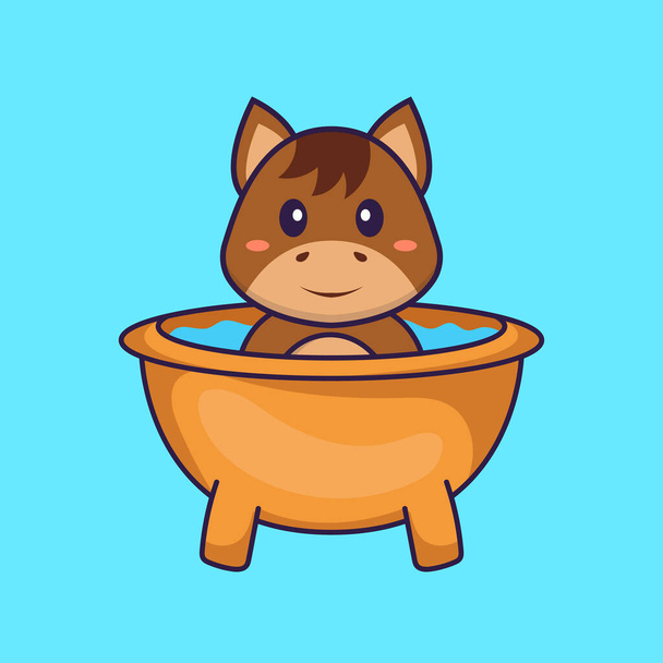 Cute horse taking a bath in the bathtub. Animal cartoon concept isolated. Can used for t-shirt, greeting card, invitation card or mascot. - Vector, Image