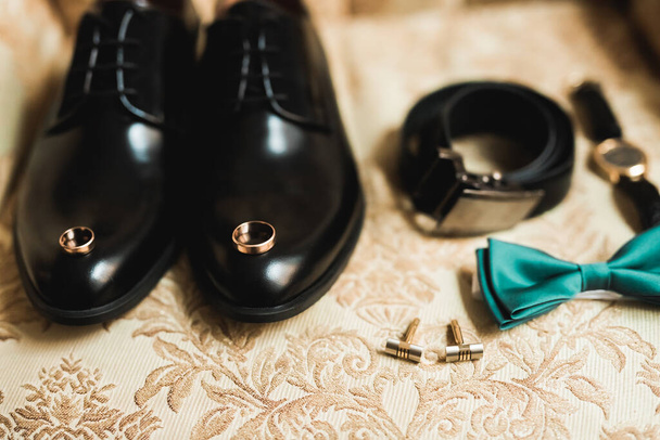 Mens accessories with luxury shoes. Top view - Fotografie, Obrázek