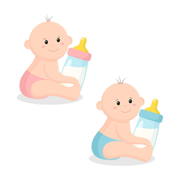 Cute baby boy and girl with baby bottle isolated on white background. Vector illustration - Vector, Image