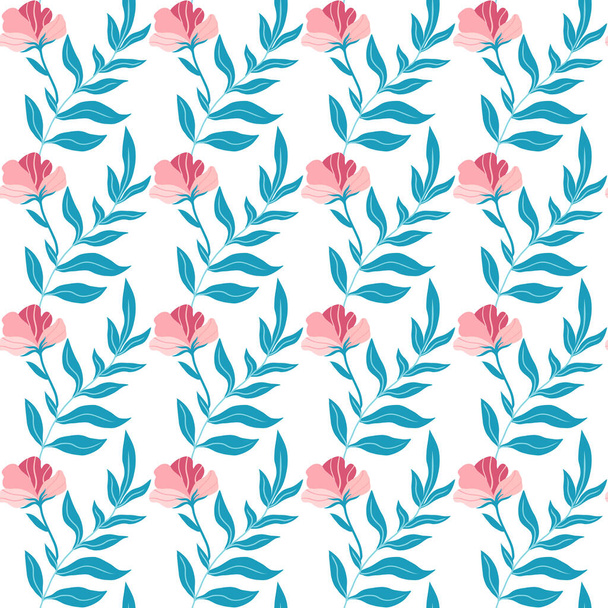 Bezešvé vzor s roztomilé růžové ploché květiny a listy. Ručně kreslené vektorové ilustrace na bílém pozadí. Textura pro tisk, tkaniny, textil, tapety. - Vektor, obrázek