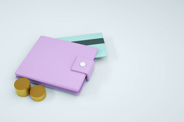 3D графика, модель кошелька с монетами и банковская карта на белом изолированном фоне. розовый бумажник, крупный план - Фото, изображение