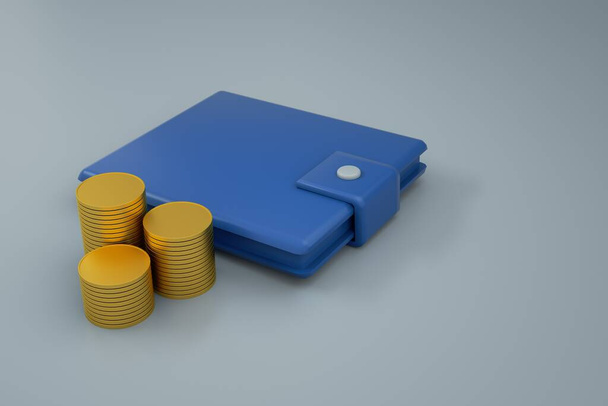 Gráficos en 3D, ilustración de un modelo de billetera azul con dinero, monedas sobre un fondo blanco aislado. Modelo isométrico de monedero. Primer plano - Foto, imagen