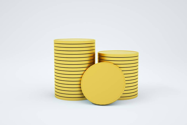 3D ilustrace modelů zlatých mincí stojících ve sloupci na bílém izolovaném pozadí. 3D grafika, drobné, zlaté mince. Detailní záběr - Fotografie, Obrázek