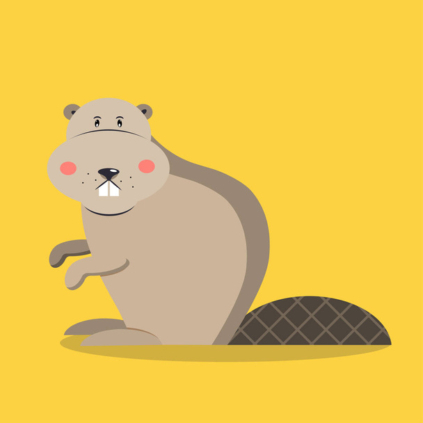 Cute beaver in flat style on yellow background. vector illustration. - Vector, Image