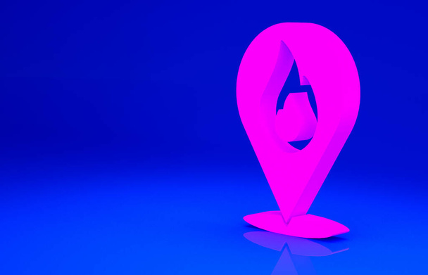 Puntero de mapa rosa con el icono de llama de fuego aislado sobre fondo azul. Fuego cerca. Concepto minimalista. 3D ilustración 3D render - Foto, imagen