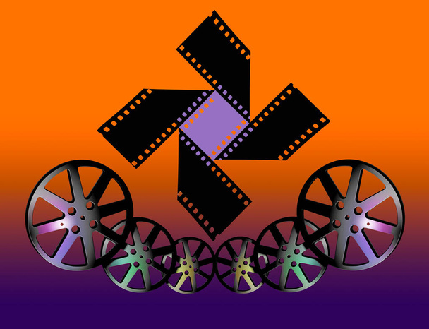 Los carretes de película se ven en esta ilustración en 3D sobre la industria del cine y las películas en general. - Foto, imagen