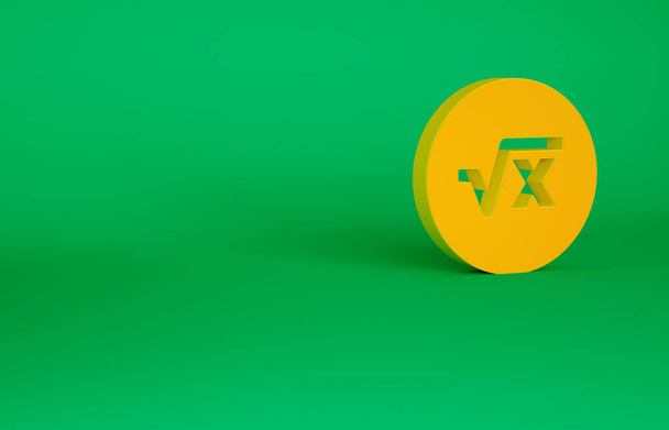 Orange Square root of x glyph icon isolated on green background. Mathematical expression. Minimalism concept. 3d illustration 3D render - Φωτογραφία, εικόνα