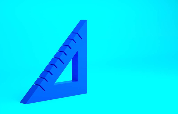 青色の背景に隔離された青い三角定規のアイコン。右端のシンボル。幾何学的記号。最小限の概念。3Dイラスト3Dレンダリング - 写真・画像