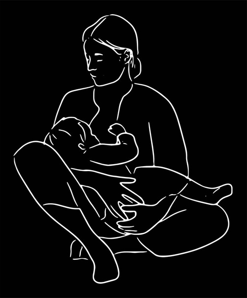Una mujer está amamantando a un bebé, amamantando, una niña está amamantando, mundo amamantando semana agosto 1-7, ilustración elegante y moderna, estilo de línea, líneas blancas sobre un fondo negro - Vector, Imagen