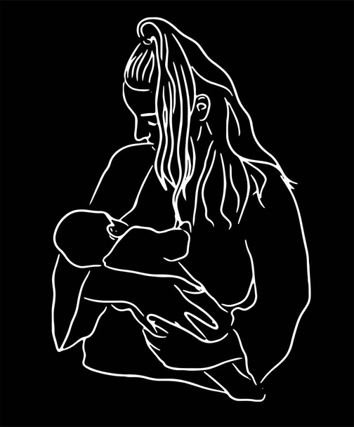 Bir kadın bir bebeği emziriyor, emziriyor, bir kız emziriyor, dünya emzirme desteği haftası 1-7 Ağustos, şık ve modern illüstrasyon, çizgi tarzı, siyah arka planda beyaz çizgiler. - Vektör, Görsel