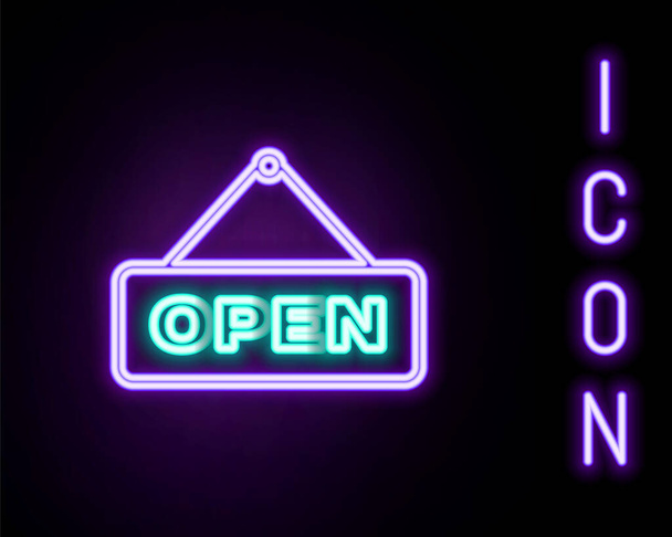 Glowing neon line Hanging sign with text Open door icon isolated on black background. Colorful outline concept. Vector - Vector, Image