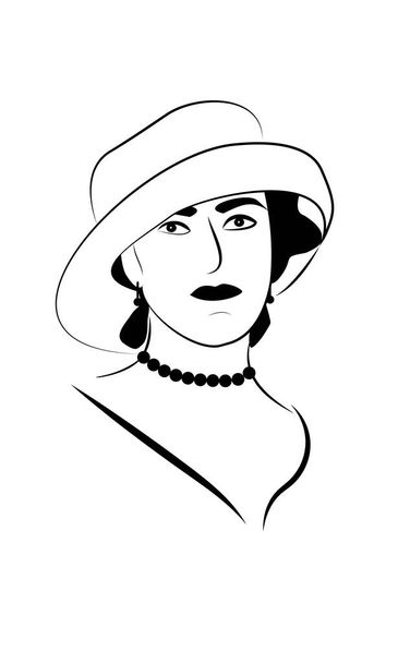 Silhouette of a lady in a hat with beads in black and white. Suitable for printing: poster, cover, print for a disposable cup, shirt, sticker, postcard. Elegant girl icon for toilet. Retro shape. - Vector, Image