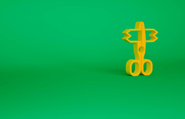 緑の背景に隔離されたオレンジのはさみアイコン。テーラーシンボル。切削工具記号。最小限の概念。3Dイラスト3Dレンダリング - 写真・画像
