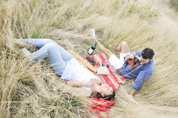 Happy couple enjoying countryside picnic in long grass - 写真・画像