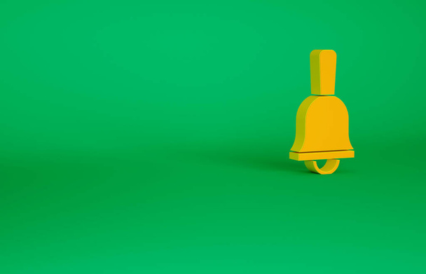 Oranje rinkelende bel pictogram geïsoleerd op groene achtergrond. Alarmsymbool, bedrijfsbel, handbelteken, meldsymbool. Minimalisme concept. 3d illustratie 3D renderen - Foto, afbeelding