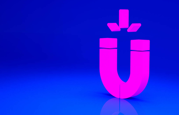 ピンクのマグネットアイコンは青の背景に隔離されています。馬蹄形磁石磁気磁化魅力。最小限の概念。3Dイラスト3Dレンダリング - 写真・画像