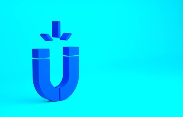 青い背景に隔離された青い磁石のアイコン。馬蹄形磁石磁気磁化魅力。最小限の概念。3Dイラスト3Dレンダリング - 写真・画像
