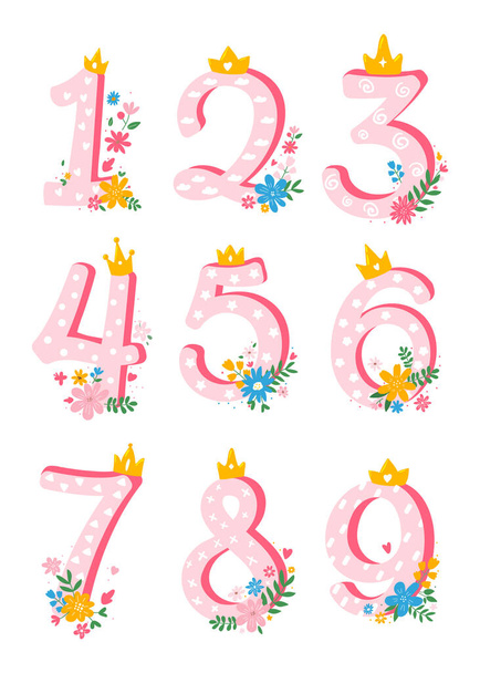 Set of cute,cartoon, girly numbers from 1 to 10 with flowers for invitation,card template.Vector flat illustration. - Vektor, Bild