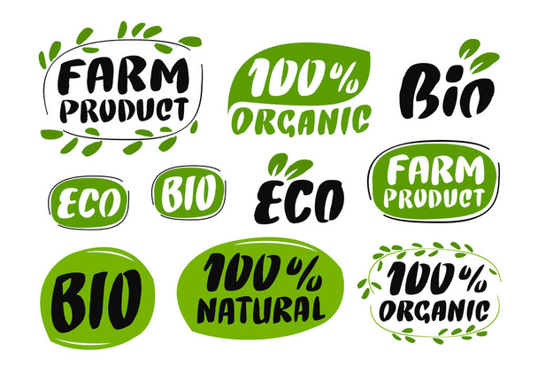 Natural, organic food symbol. Set of stickers, labels, tags. Eco bio with leaves icon - Vektor, Bild