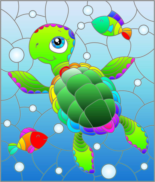 Εικονογράφηση σε στυλ βιτρό με φωτεινή χελώνα καρτούν στο φόντο του πυθμένα της θάλασσας, ψάρια και νερό - Διάνυσμα, εικόνα