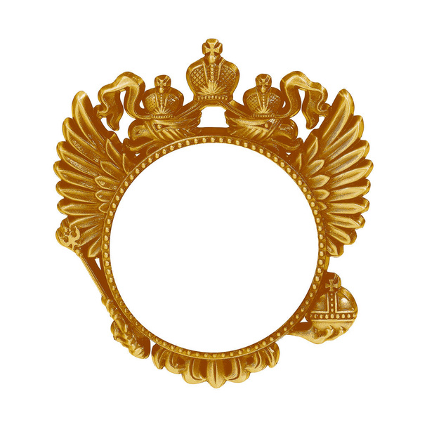 Zlatý rám s heraldickou orlicí pro obrazy, zrcadla nebo fotografii izolovanou na bílém pozadí. Navrhnout prvek s oříznutou cestou - Fotografie, Obrázek