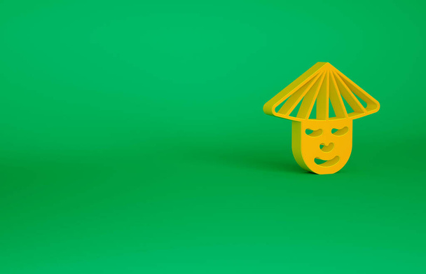 Orange Asian or Chinese conical straw hat icon isolated on green background. Chinese man. Minimalism concept. 3d illustration 3D render - Photo, Image