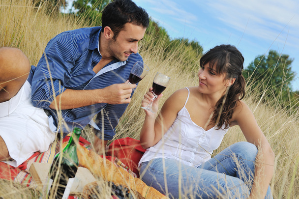 Happy young couple enjoying picnic on the countryside in the field and have good time - Foto, imagen