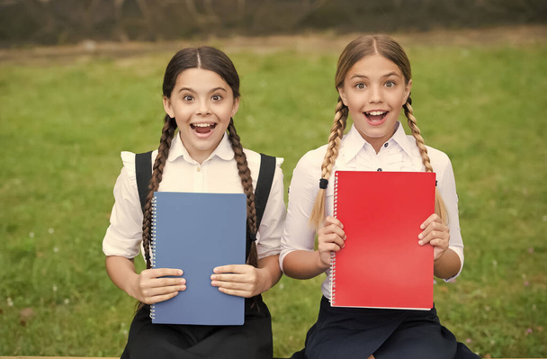 Waiting for the exam results. teen schoolgirls doing homework. Children using copybooks to study. Education and distance learning for kids. Homeschooling on quarantine. Child care and happy childhood - Фото, зображення