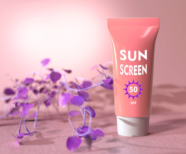 Sunscreen, protection 50, pink background 3D illustration - Photo, Image