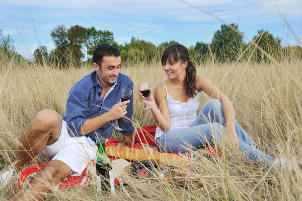 Happy young couple enjoying picnic on the countryside in the field and have good time - Fotó, kép