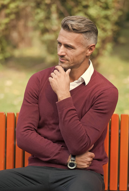 lost in thoughts. confident businessman wear purple sweater. casual business fashion. male beauty and fashion. mature handsome man relax outdoor. well groomed man sit on bench - Fotó, kép