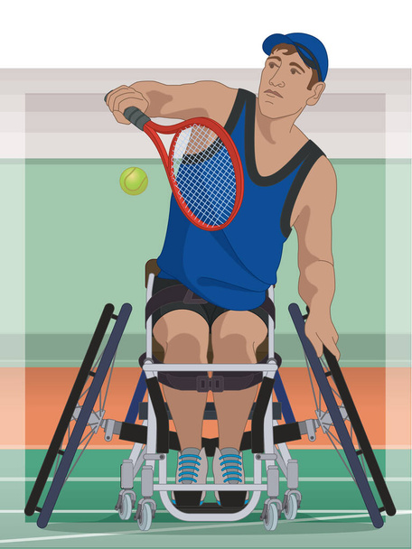 パラスポーツ麻痺テニス身体障害者男子車椅子に座ってラケットでテニスボールを打つ屋内コートを背景に - ベクター画像