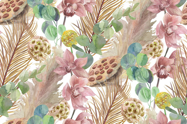 motif sans couture aquarelle avec des orchidées et des branches de palmier sec - Photo, image