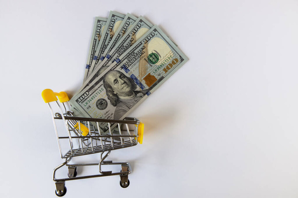 100 dollar bills in a mini shopping cart on a white background, top view, flat lay. Finance concept, buying currency, business. Paper money, offline purchases. Horizontal. - Foto, Bild